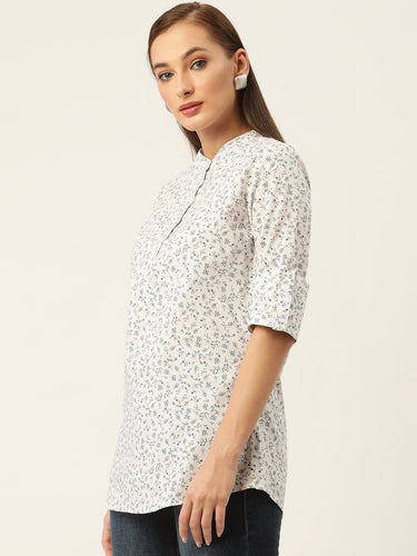 Off White & Grey Floral Print Roll - Up Sleeves Shirt Style Top - RueCollections